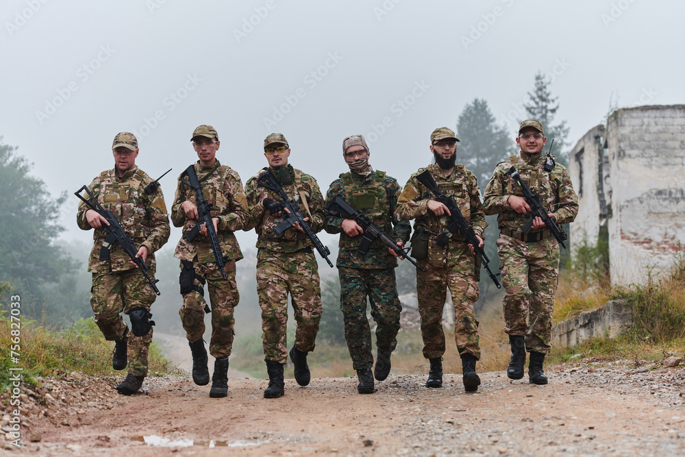 Fototapeta premium A disciplined and specialized military unit, donned in camouflage, strategically patrolling and maintaining control in a high-stakes environment, showcasing their precision, unity, and readiness for