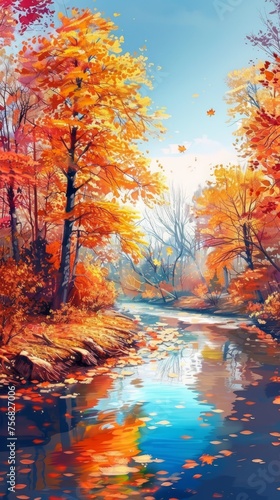 Beautiful autumn landscape with colorful trees and river. Digital painting.