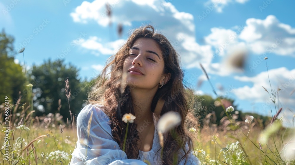 beautiful young latin woman in a park sitting with trees and a blue sky with clouds during the day in summer in high resolution and high quality hd beautiful young latin woman in a park sitting with trees and a blue sky with clouds during the day in summer in high resolution and high quality hd