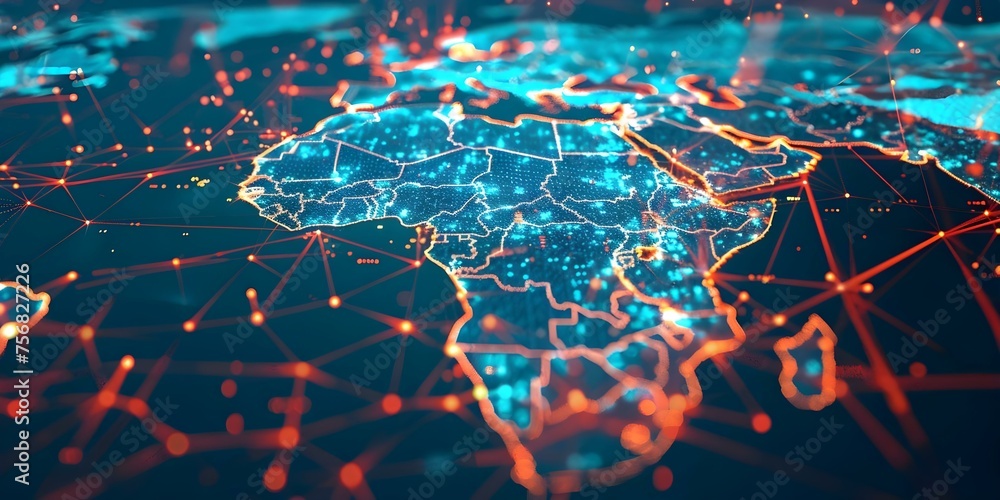 Explore interconnected digital map of Africa symbolizing highspeed data
