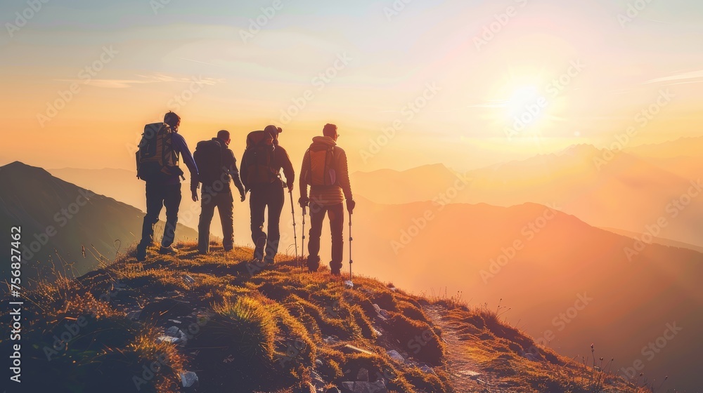 Group of adventurous hikers enjoying mountain sunset trekking together in summer journey tourism