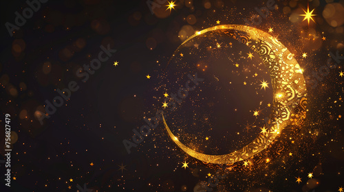 Luxurious Ramadan Kareem background featuring gold moon and Islamic elements, Mubarak template for greeting card, invitations, congratulation email letter, sale celebration banner, dark deep navy blue