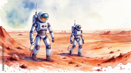 Planet Discovery - watercolor illustration of Mars robots exploring the Martian terrain, with a canyon backdrop.