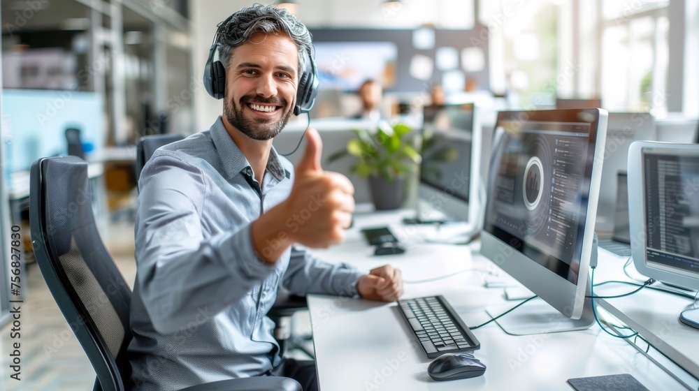 Naklejka premium Friendly male customer service agent with thumbs up in modern call center under bright lighting
