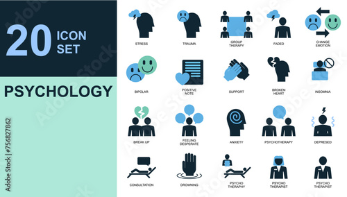 Mental health psycology icon set For Mobile and Web.  Anxiety, Care, Depression, Emotional Stress, Healthcare, Medicine, Human Brain, Loneliness, Psychotherapy, Sadness, Support, Therapy.