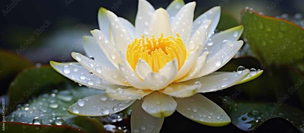 A beautiful white water lily featuring a vibrant yellow center is encircled by lush green leaves. This aquatic plant thrives in liquid environments