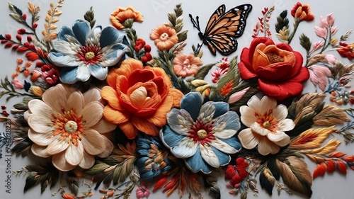embroidery and sewing art of flowers with butterflies. nobody background. 