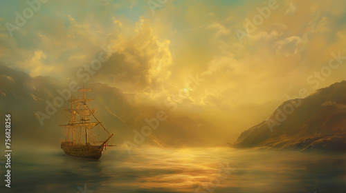 Serene Seascape with Pirate Ship, Lighthouse, and Dreamy Golden Hour Glow
