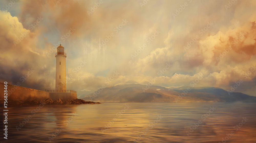 Serene Seascape with Pirate Ship, Lighthouse, and Dreamy Golden Hour Glow Serene Seascape with Pirate Ship, Lighthouse, and Dreamy Golden Hour Glow