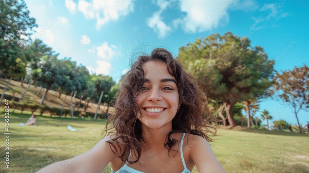 young beautiful latina sitting in a park with trees and a blue sky with clouds young beautiful latina sitting in a park with trees and a blue sky with clouds