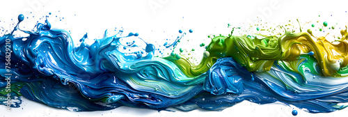 A chaotic blue and green paint splatter mess on transparent background. photo