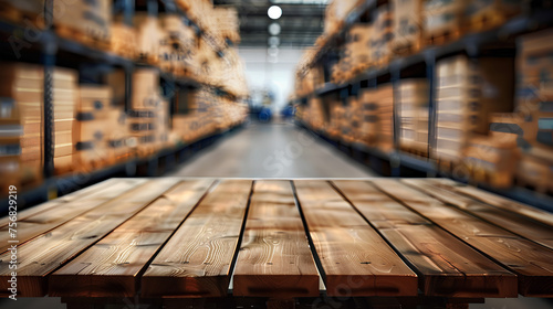 The empty wooden table top with blur background of warehouse storage. Exuberant image.
