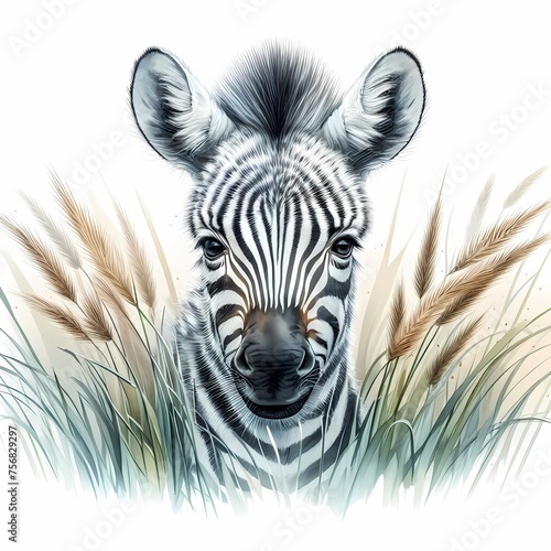 watercolor illustration of cute baby zebra in tall grass for baby nursery kids room decor