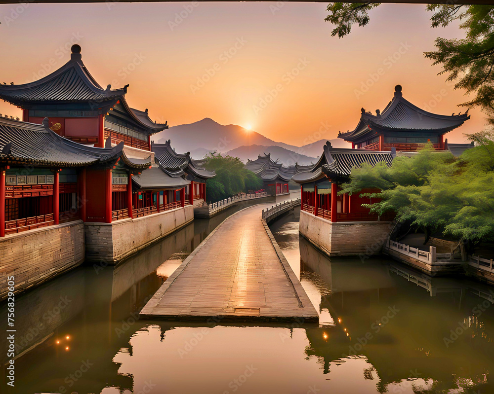 Obraz premium Chinese water city pathways, Water-connected urban landscape