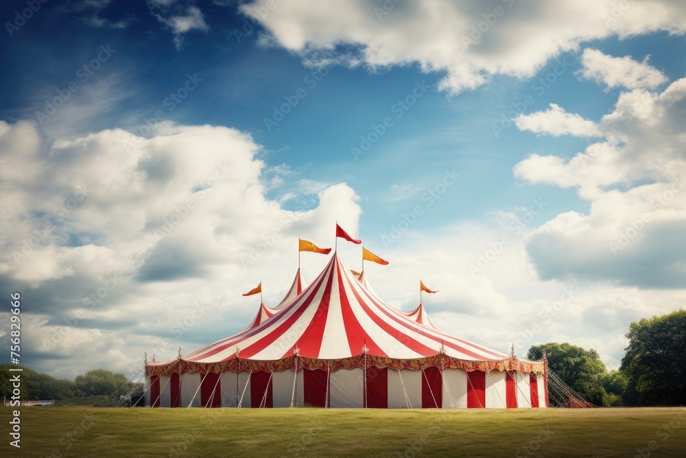 Red and white striped circus tent with flags outdoors