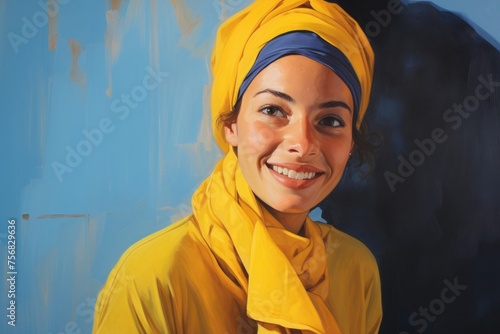 Portrait of a smiling Israeli woman in yellow clothes and a yellow headdress with a blue element