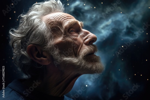 Portrait of an elderly man with gray hair and a gray beard in profile against the backdrop of outer space © Ari