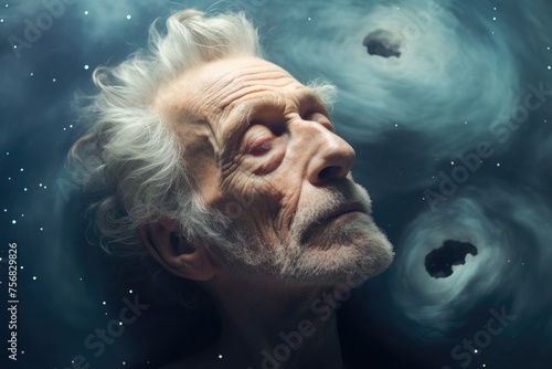 Portrait of an elderly man with gray hair and closed eyes against the backdrop of outer space
