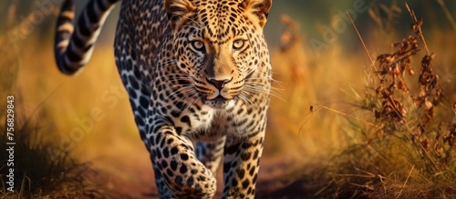 A Carnivore Felidae, the Leopard, gracefully moves through tall grass. Known for its beautiful fur and whiskers, this big cat is a terrestrial animal found in Africa