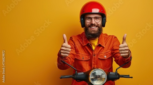 A cheerful male courier in a motorcycle helmet sits on a scooter and gives a thumbs up