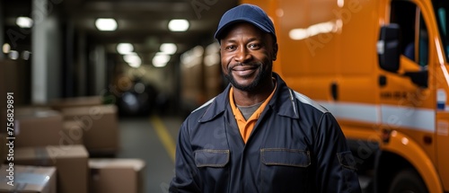 Smiling young male postal delivery courier man in front of cargo van delivering package photo