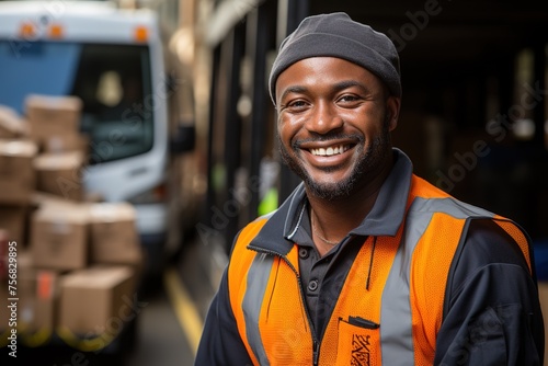 Smiling young male postal delivery courier man in front of cargo van delivering package