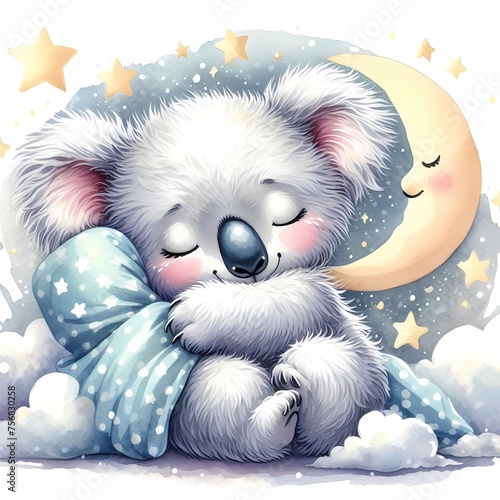 watercolor illustration of cute sleeping baby koala for baby nursery children's room  decor