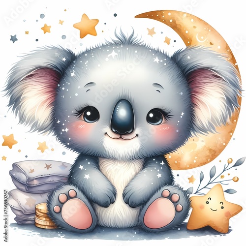 watercolor illustration of cute baby koala with moon and stars for baby nursery children's room decor