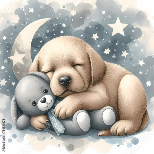 watercolor illustration of cute sleeping baby dog holding a toy for baby nursery children's room  decor