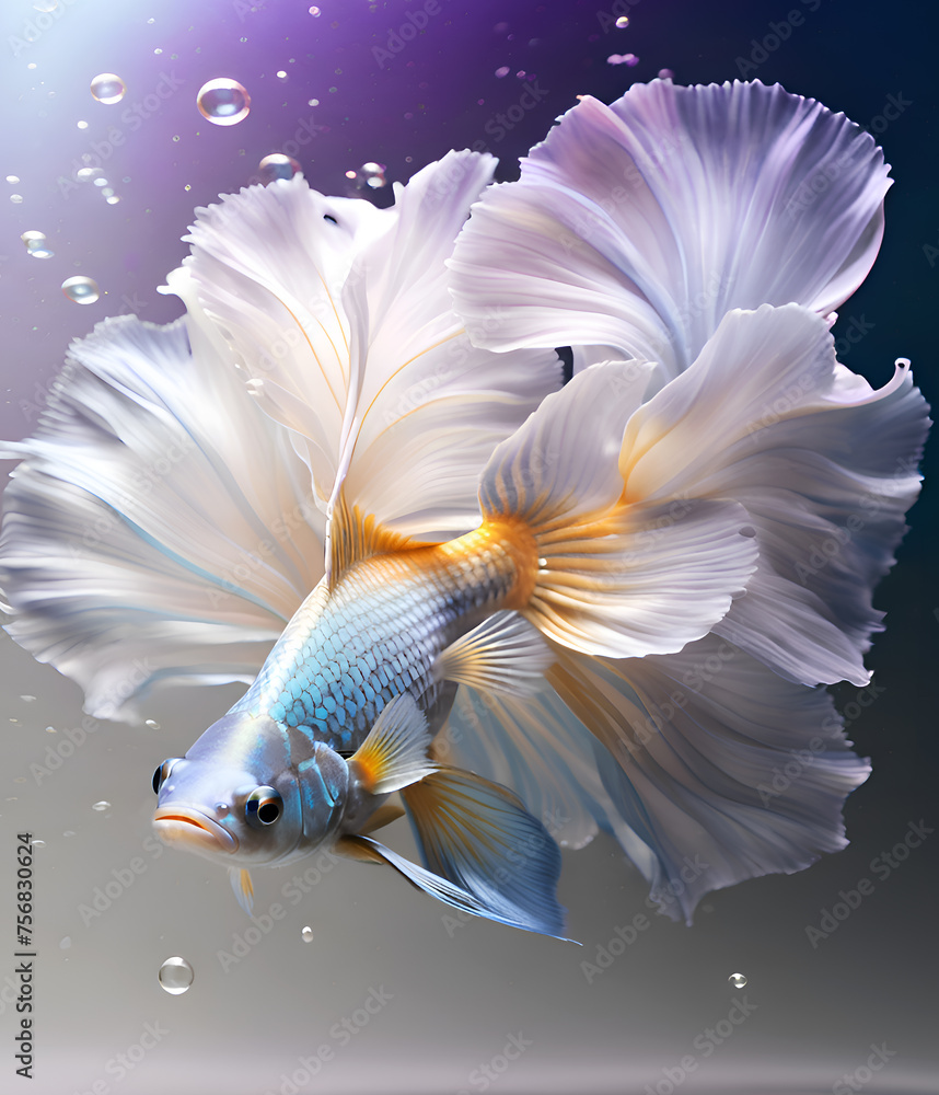 Fototapeta premium amazing colorful Betta fish male with long tail and fins posing against purple-gray background. close up. Digital artwork. Ai generated