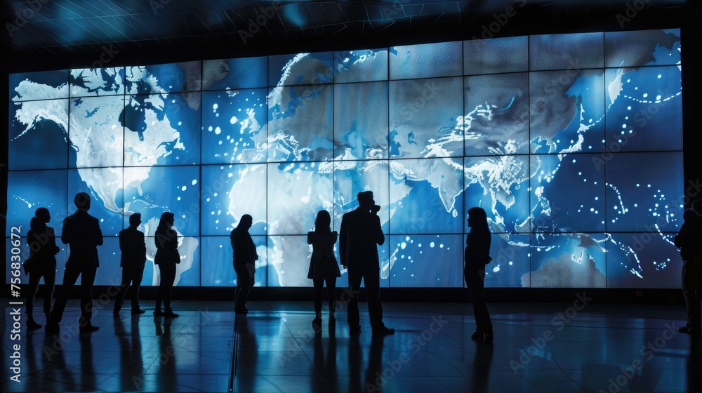 world map on big screen with people