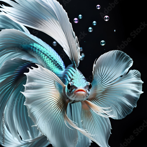 amazing bright azur color Betta fish male with long tail and fins posing against black background. close up. Digital artwork. Ai generated
