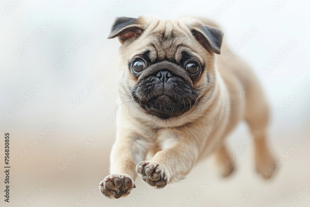 pug dog jumping in the air