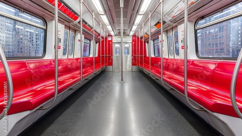 Empty interior of a subway car with seats and handrails, urban public transportation vehicle