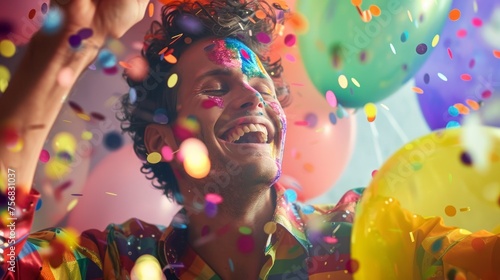 happy man celebrating smiling at a party with lgbt streamers HD © Marco