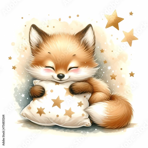 watercolor illustration of cute baby fox holding white pillow with stars  for baby nursery kids room children's room decor