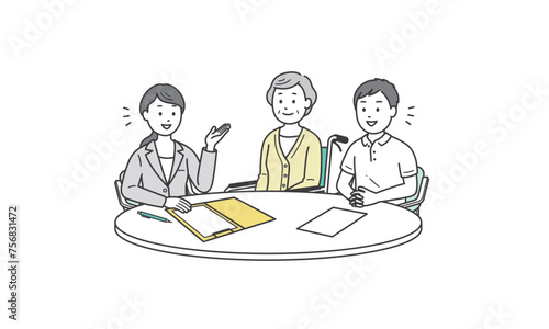 ケアマネから説明を受ける高齢女性と介護士イラスト
