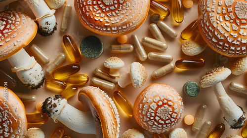 mushroom supplement tablets. Overhead view of mushrooms with herbal medicine pills photo