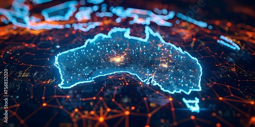 Digital Mapping of Australia: Representing Connectivity, Data Transfer, and Technology Exchange. Concept Australian Connectivity, Data Transfer, Technology Exchange, Digital Mapping