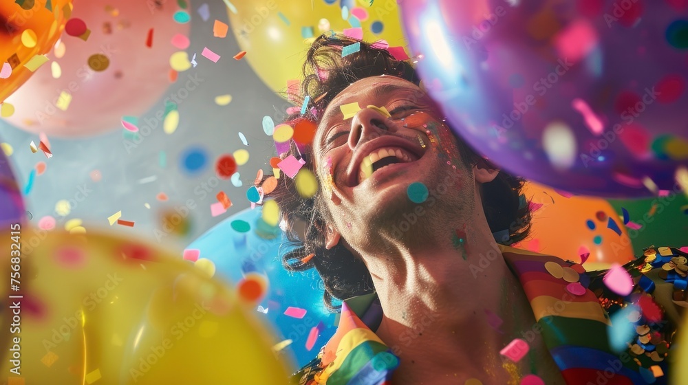 gay man celebrating at a party smiling and LGBT colors gay man celebrating at a party smiling and LGBT colors