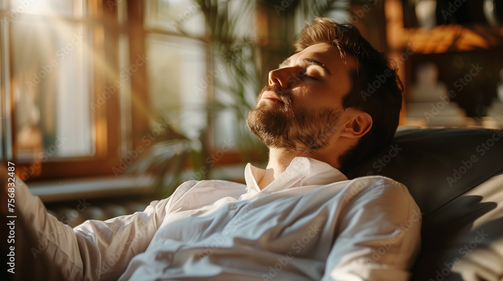 Close-up of a bearded man resting peacefully in a warm, plant-filled room. Focus on personal space and time, soft light, narrative of balance and introspection. Close-up of a bearded man resting peacefully in a warm, plant-filled room. Focus on personal space and time, soft light, narrative of balance and introspection.