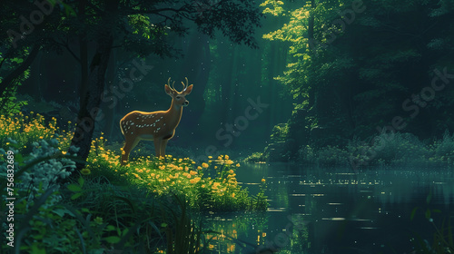 A majestic deer with antlers stands by a tranquil forest lake amidst the magical light of dawn. Majestic Deer by the Forest Lake at Dawn.