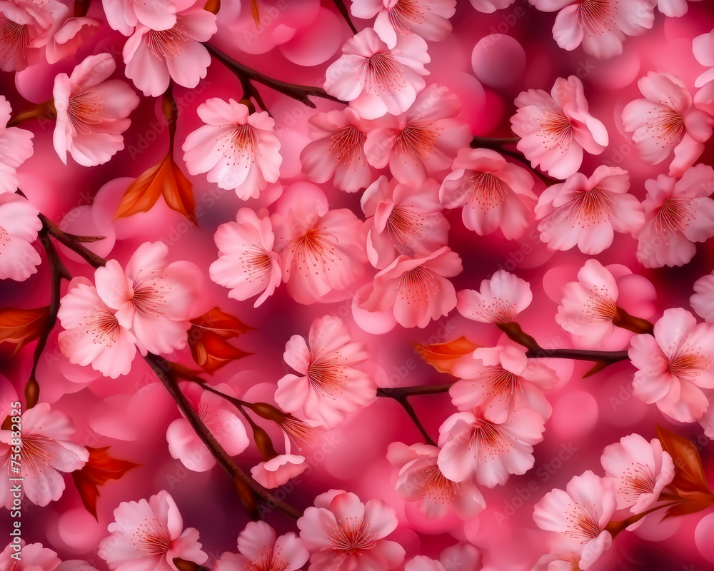 Beautiful cherry blossoms pattern, Spring wallpaper design. Generative ai
