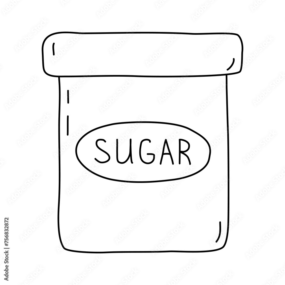 Metal tin or can with label sugar, doodle vector outline for coloring book