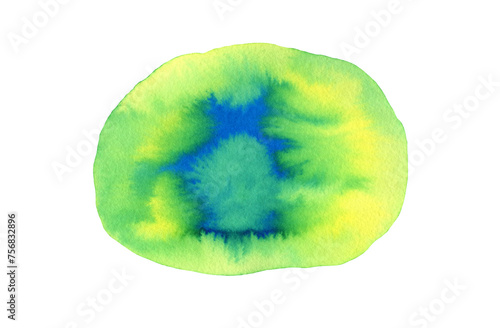 Artistic planet Earth yellow, green, yellow and blue gradient liquid watercolor round shape. Abstract painting watercolour textured circle, nature illustration, geography concept