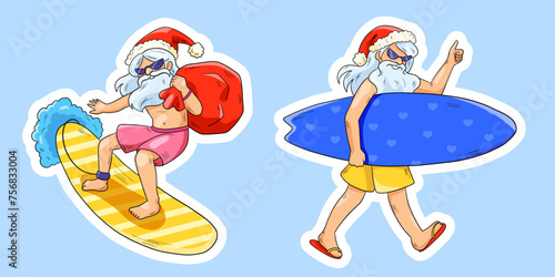 Santa Claus in flip flops and sunglasses with surfboard  at the sea cost enjoy Christmas. Vector cartoon illustration of Santa and holiday season on the beach.