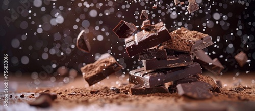 Dynamic Chocolate cubes and Shards Explosion in Air. Captivating high-speed capture of exploding dark and milk chocolate shards against a warm, dark backdrop. use for advertisement, marketing