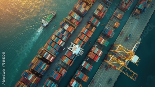 From above, witness the efficiency of a seaport: containers in order, cranes in motion, and ships loading