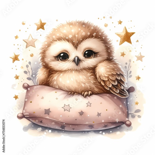 watercolor illustration of cute baby owl with pink pillow for baby nursery kids room children' s room decor photo