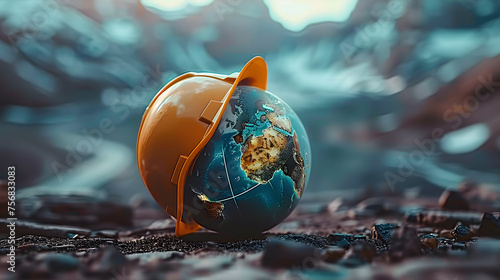 Symbol of safety and health at work: the planet Earth and the helmet. A safety and health concept for the World Day of Safety and Health at Work. photo